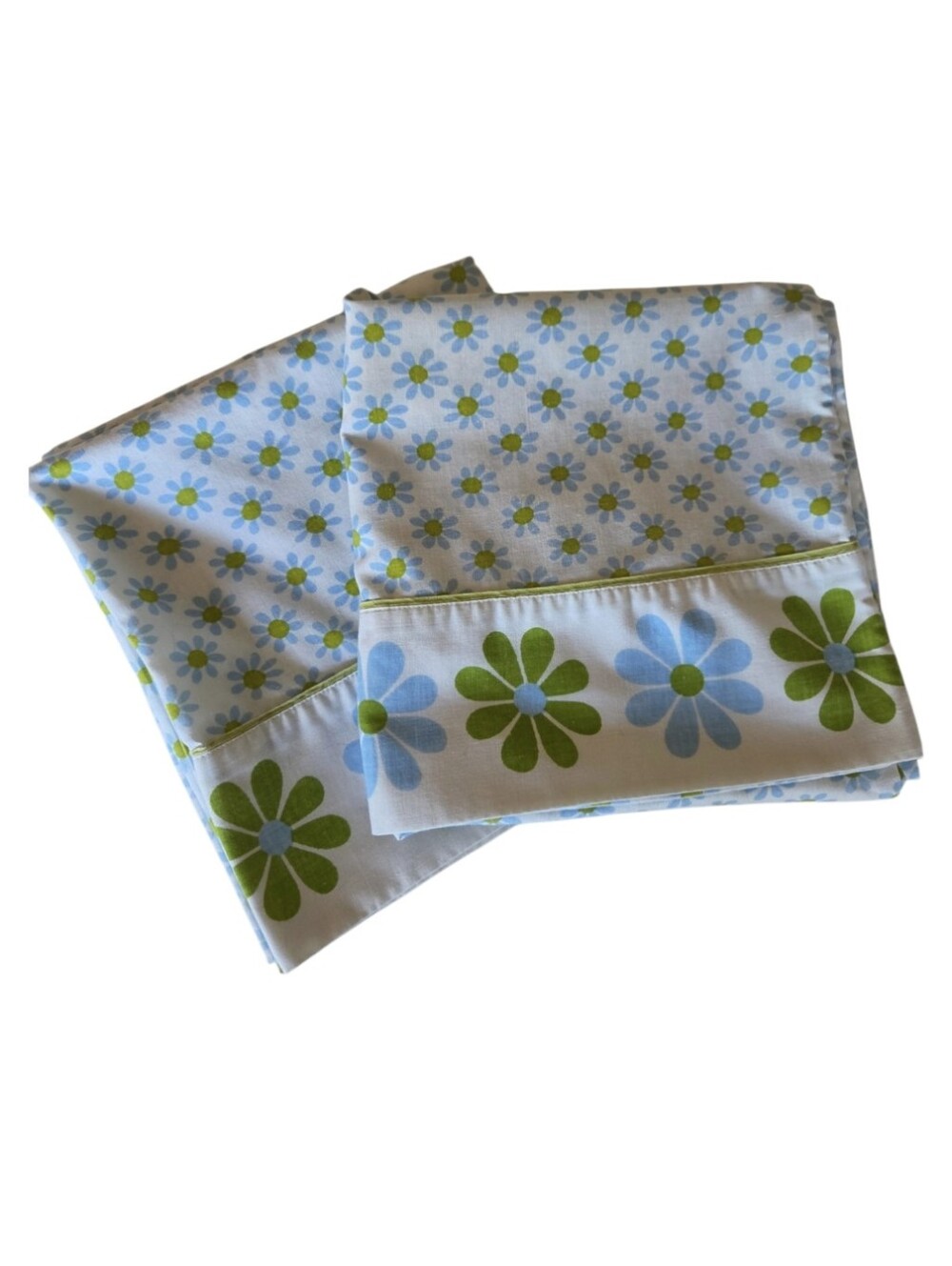 vintage lady pepperell king pillowcases pair mod daisy floral blue green 70s 2pc